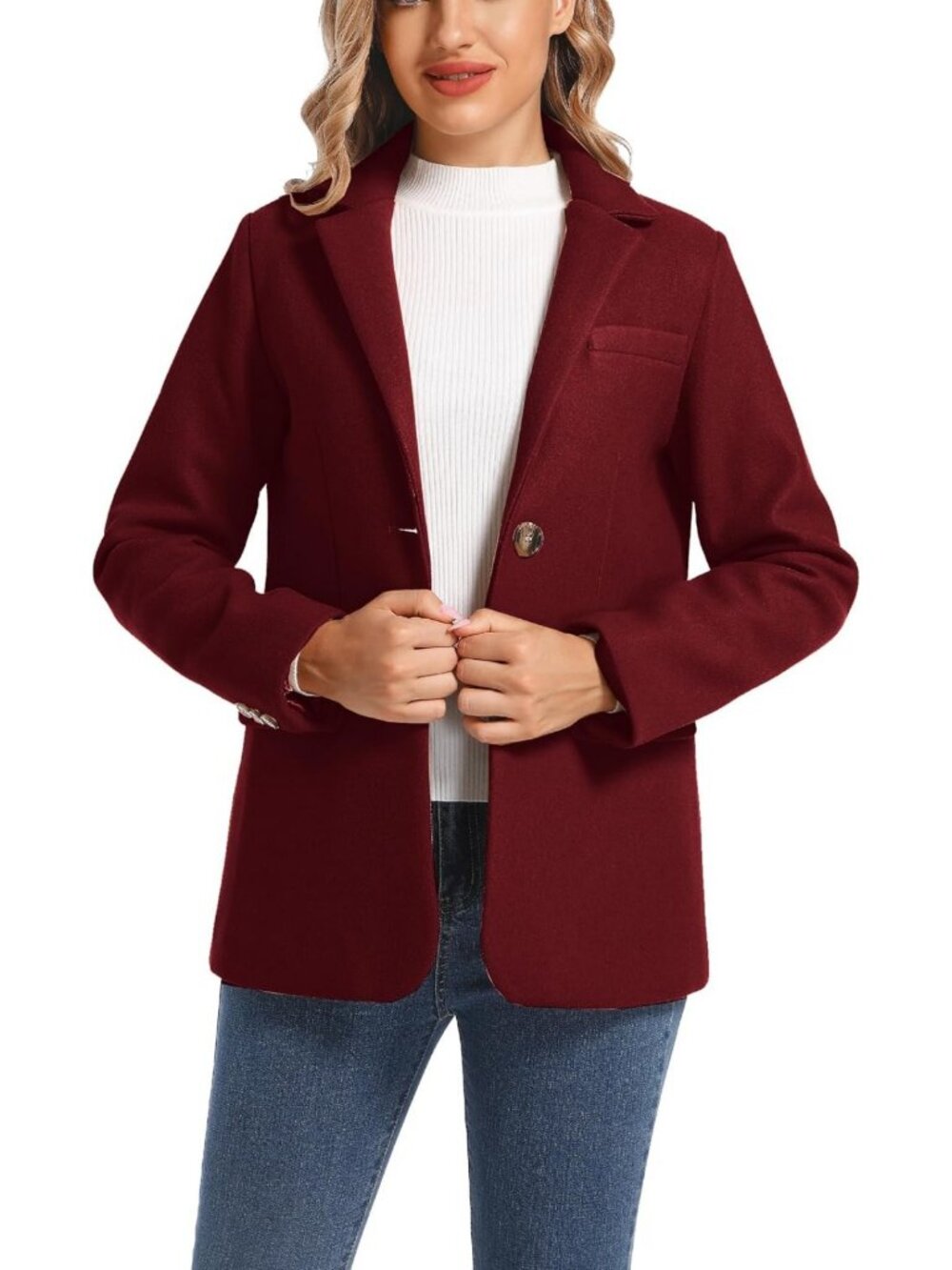 Chic Women's Long Sleeve Blazer Jacket, Two Button, Wool Blend, Stylish Suit